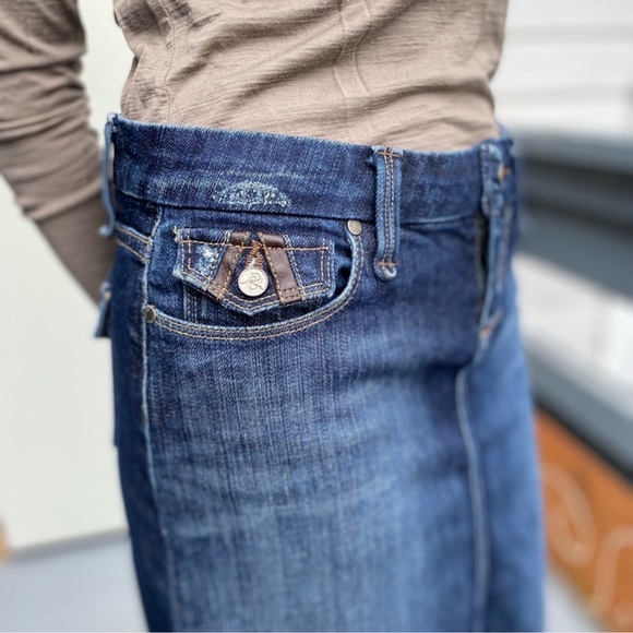 Paige Fairfax jean mini skirt, embroidered flap pockets, size 27 - Picture 2 of 12